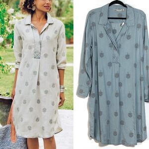 Soft Surroundings- Tencel Lyocell Chambray Feather Embroidered Dress, Sz Medium
